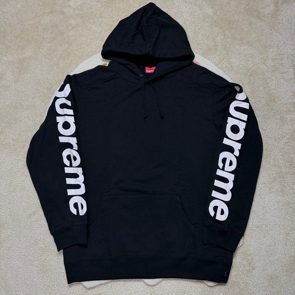 Supreme Sideline Hooded Sweatshirt Black White Logo Sleeve Hoodie Mens Large